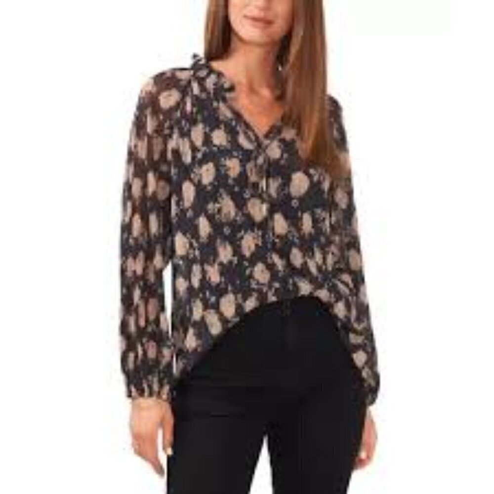 Vince Camuto Printed Ruffle Neck Tie Blouse Medium
